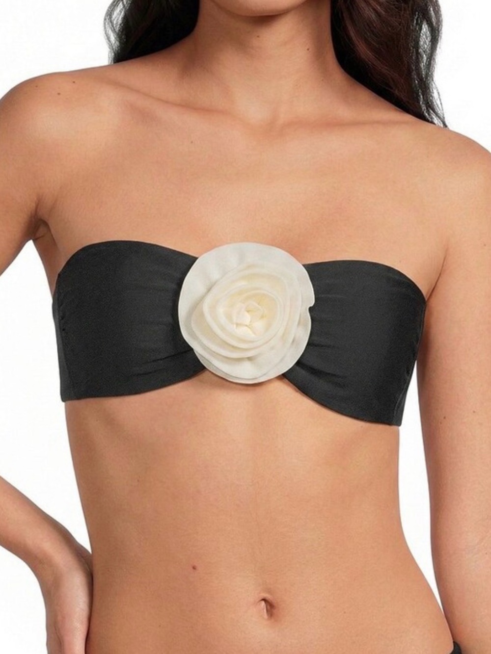 Rosette Black Strapless Bandeau Bikini Top with Ivory Floral Accent